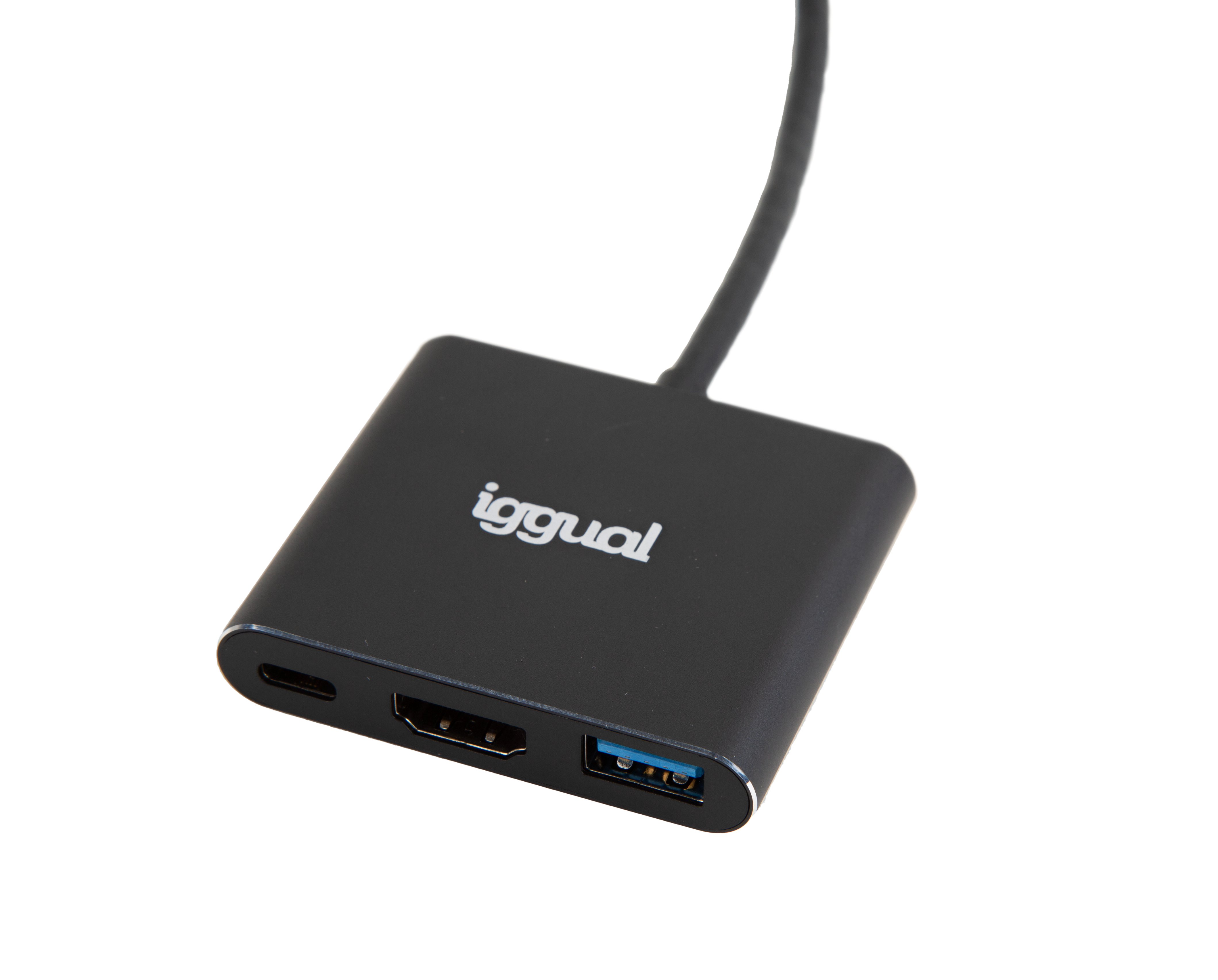 Hub USB-C nero con porte HDMI e USB. Sfondo bianco. Marchio Iggual visibile.
