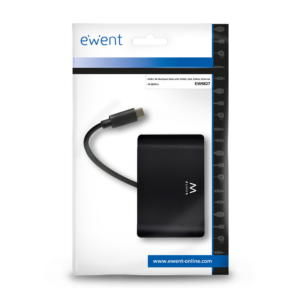 Adaptador multipuerto USB-C en un paquete. Tiene puertos USB-C, HDMI, VGA, USB-A y Ethernet.