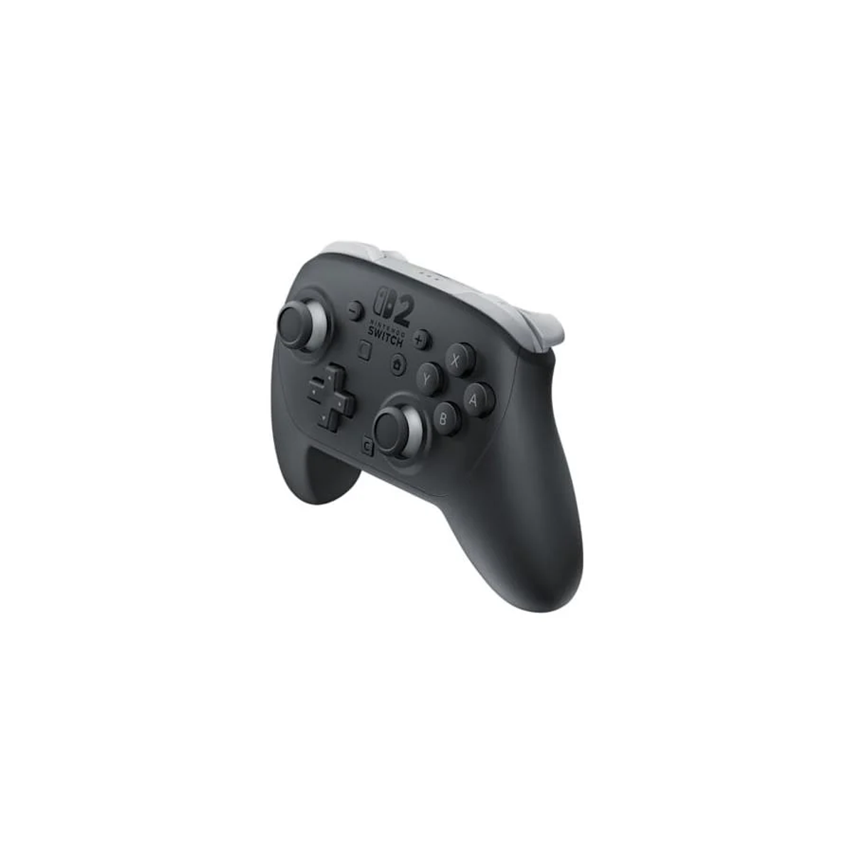 Czarny i szary kontroler Nintendo Switch Pro. Widok pod kątem. Białe tło.
