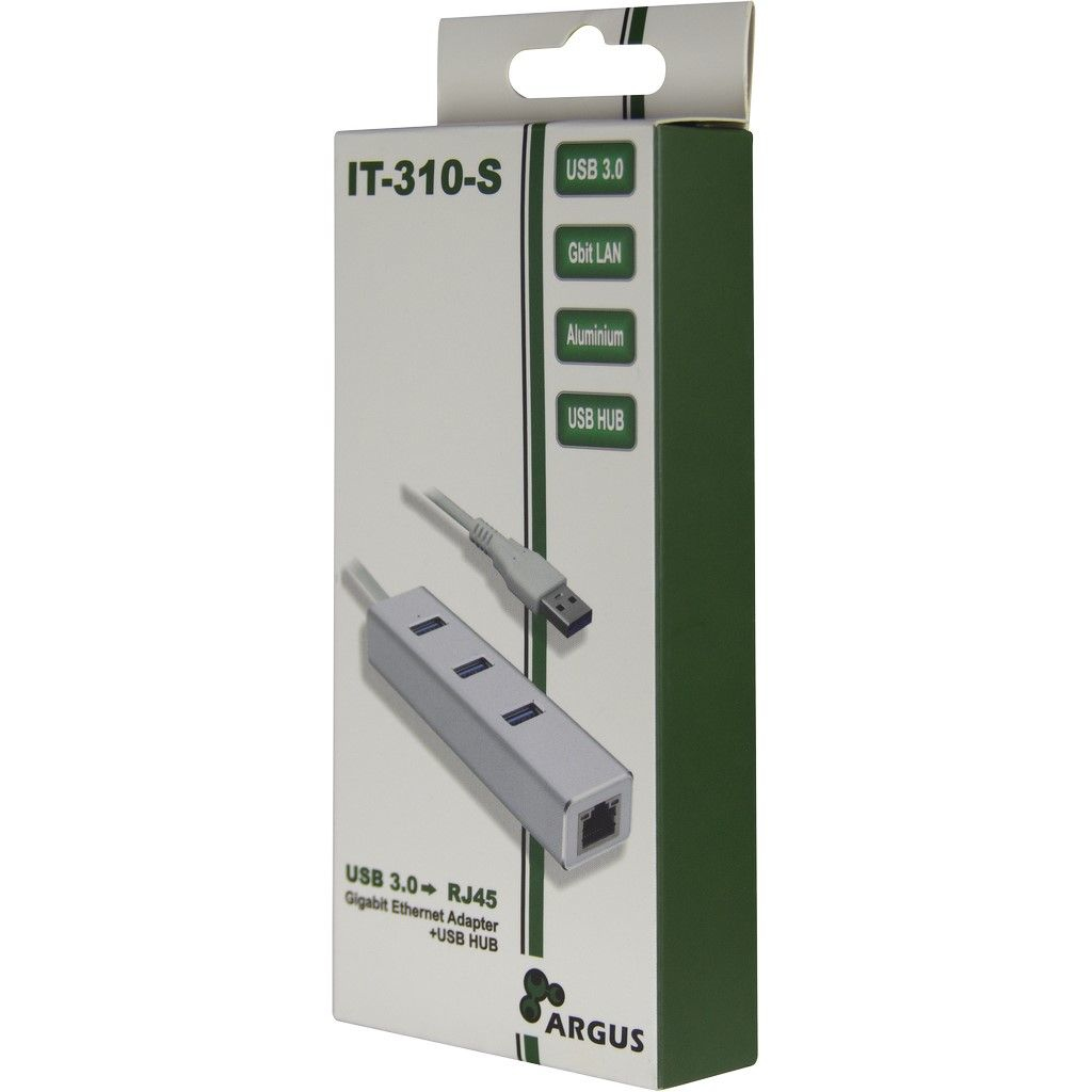 Eine weiß-grüne Box mit einem USB 3.0 Gigabit Ethernet Adapter. Es hat einen USB-Hub und ein USB-Kabel.