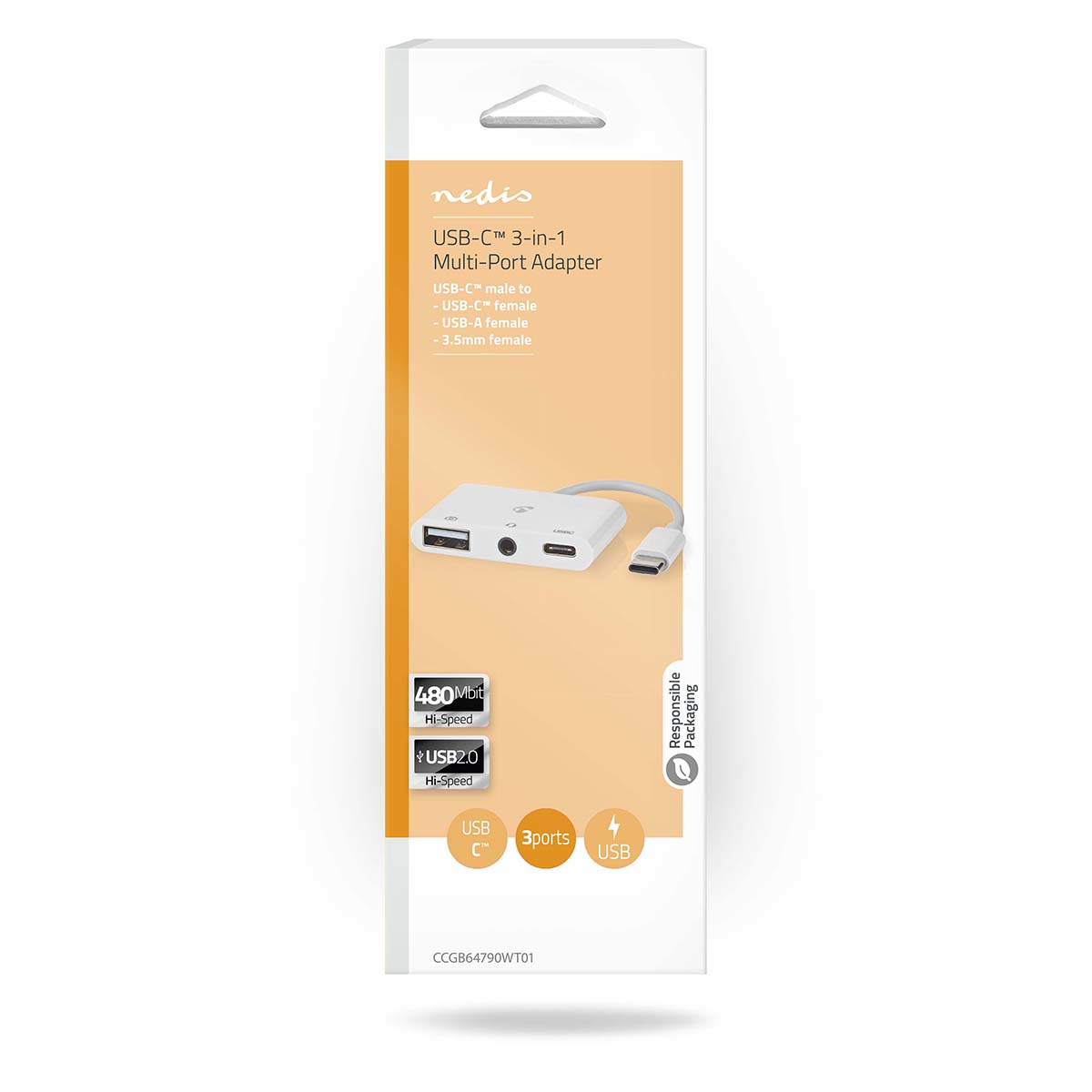 Witte en oranje doos van een USB-C 3-in-1 multi-poort adapter.