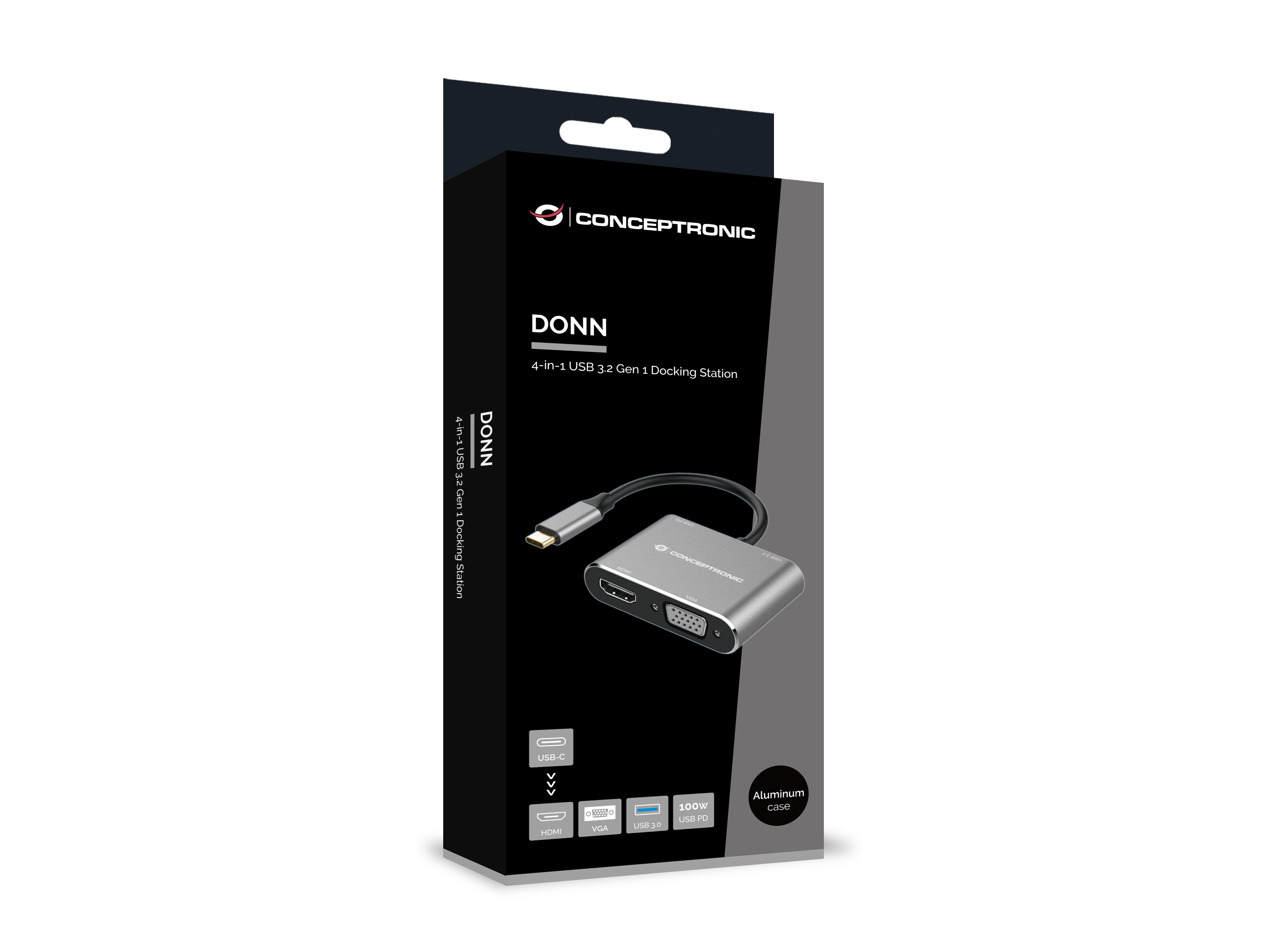 Eine Produktbox für eine Dockingstation. Sie hat ein silbernes Gerät und Etiketten mit USB und HDMI.
