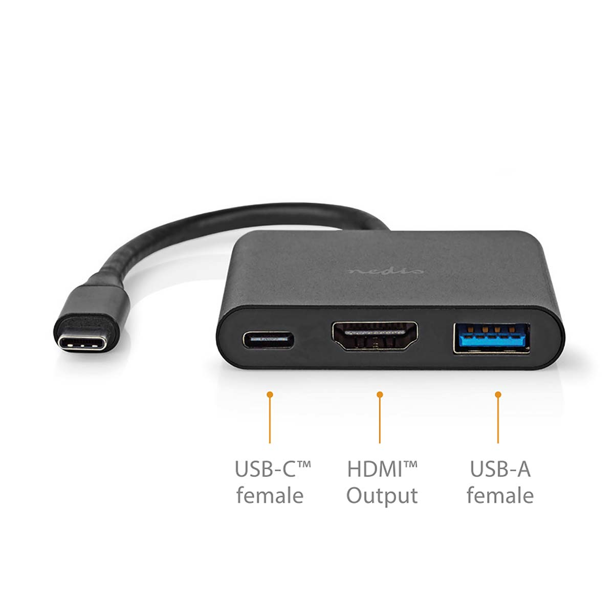 Zwarte USB-C naar HDMI en USB-A adapter. Labels geven elk poorttype aan.