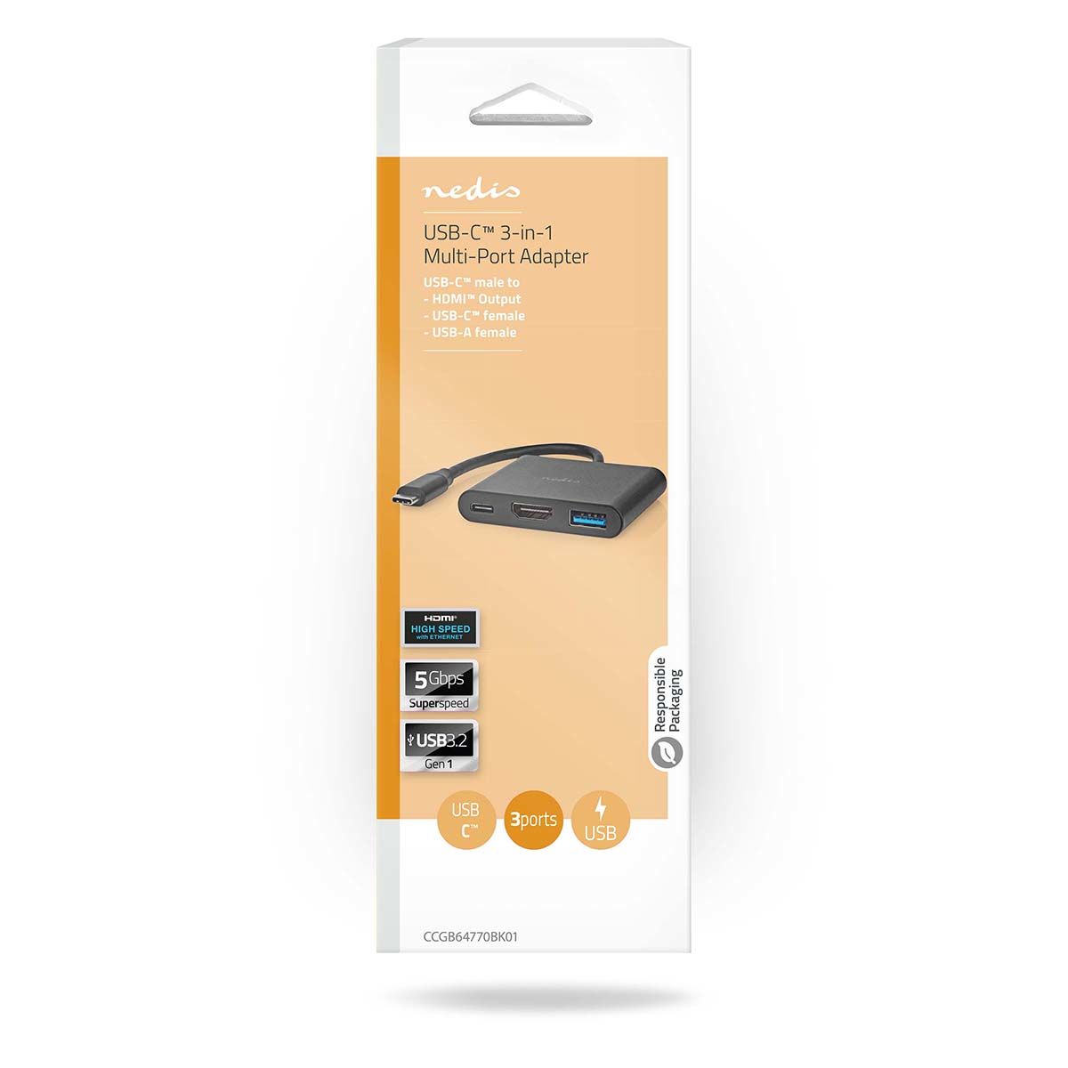 Witte en grijze USB-C multi-poort adapter, met USB, HDMI en USB-C poorten, op een witte achtergrond.