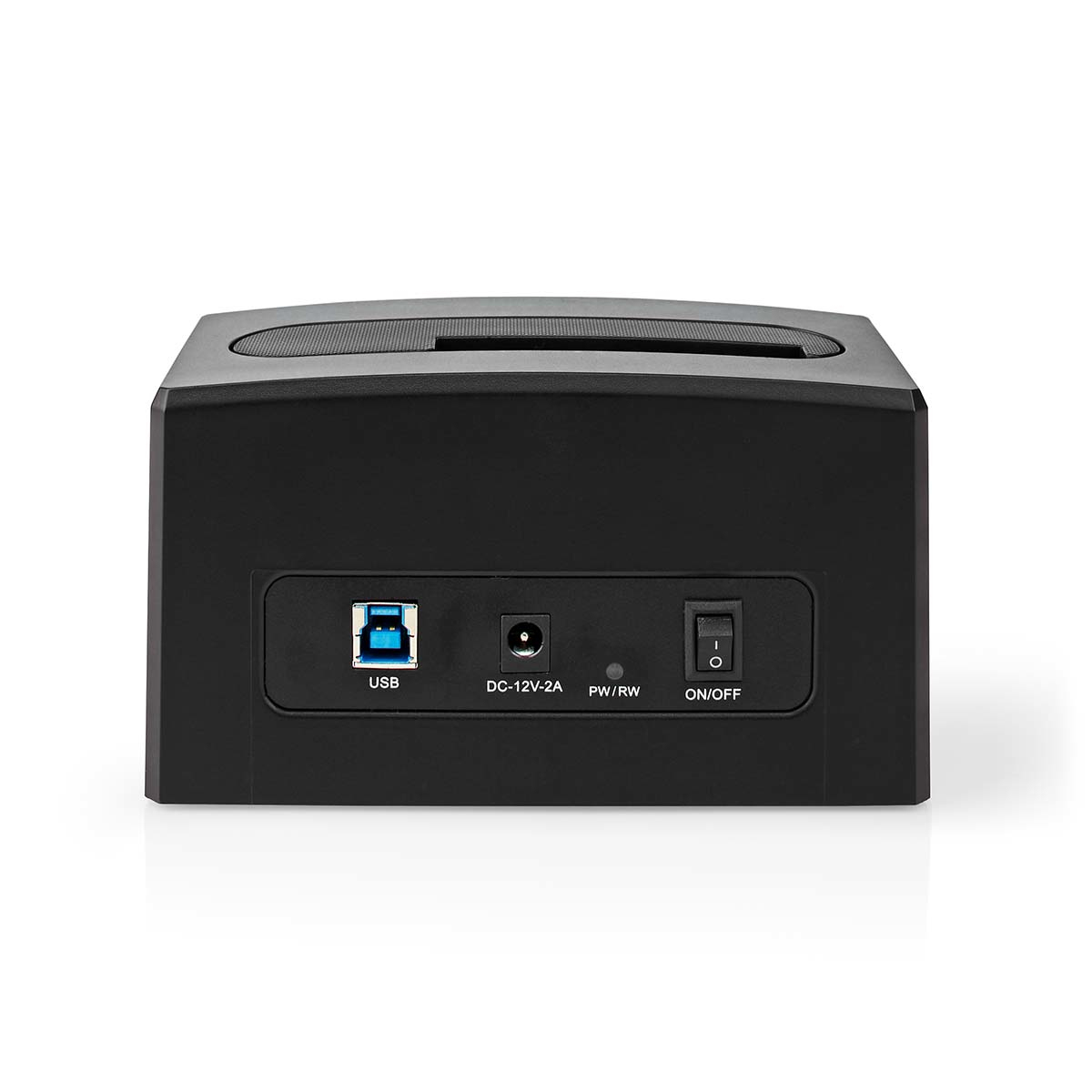 Die Rückseite eines schwarzen Geräts mit USB-, Strom- und Ein/Aus-Tasten sowie einem USB-Anschluss und Stromeingang.
