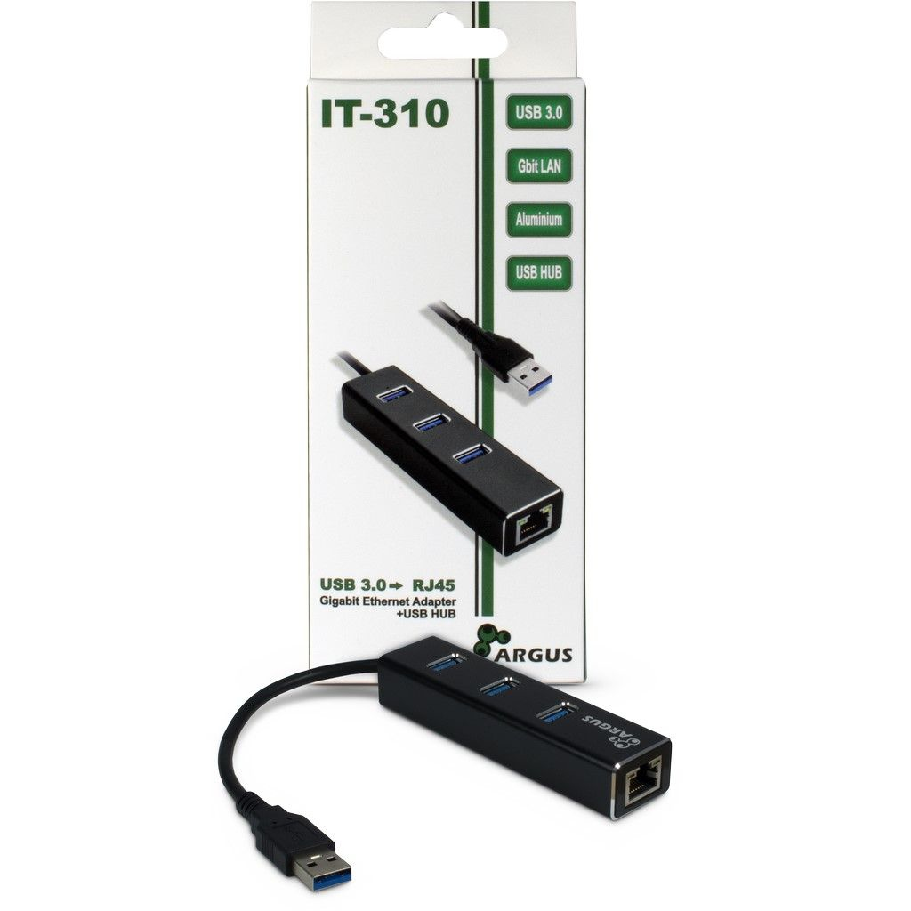 Un adattatore Ethernet Gigabit USB 3.0 nero con un hub USB, su sfondo bianco.