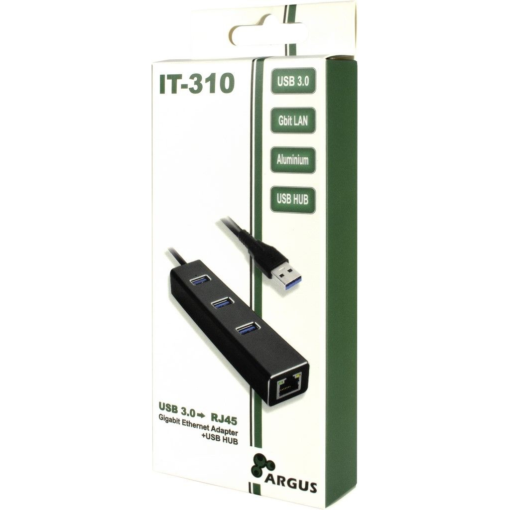 Adattatore USB 3.0 a Gigabit Ethernet nero con hub USB in una scatola.