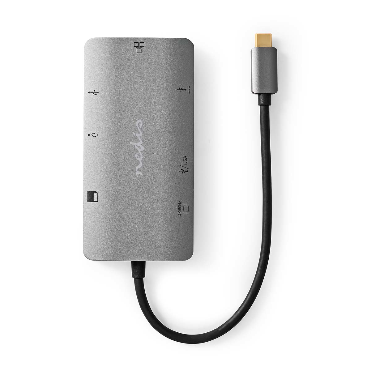 Een zilveren USB-hub met meerdere USB-poorten, een SD-kaartsleuf en een USB-C-kabel.