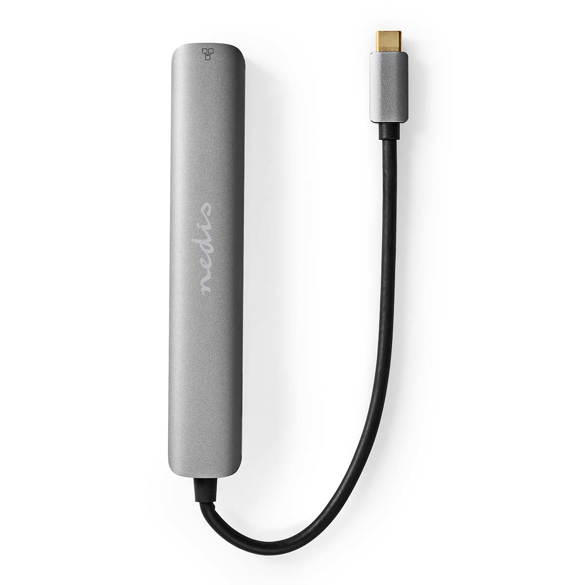 Adattatore argentato con USB-C e connettore USB, su sfondo bianco.