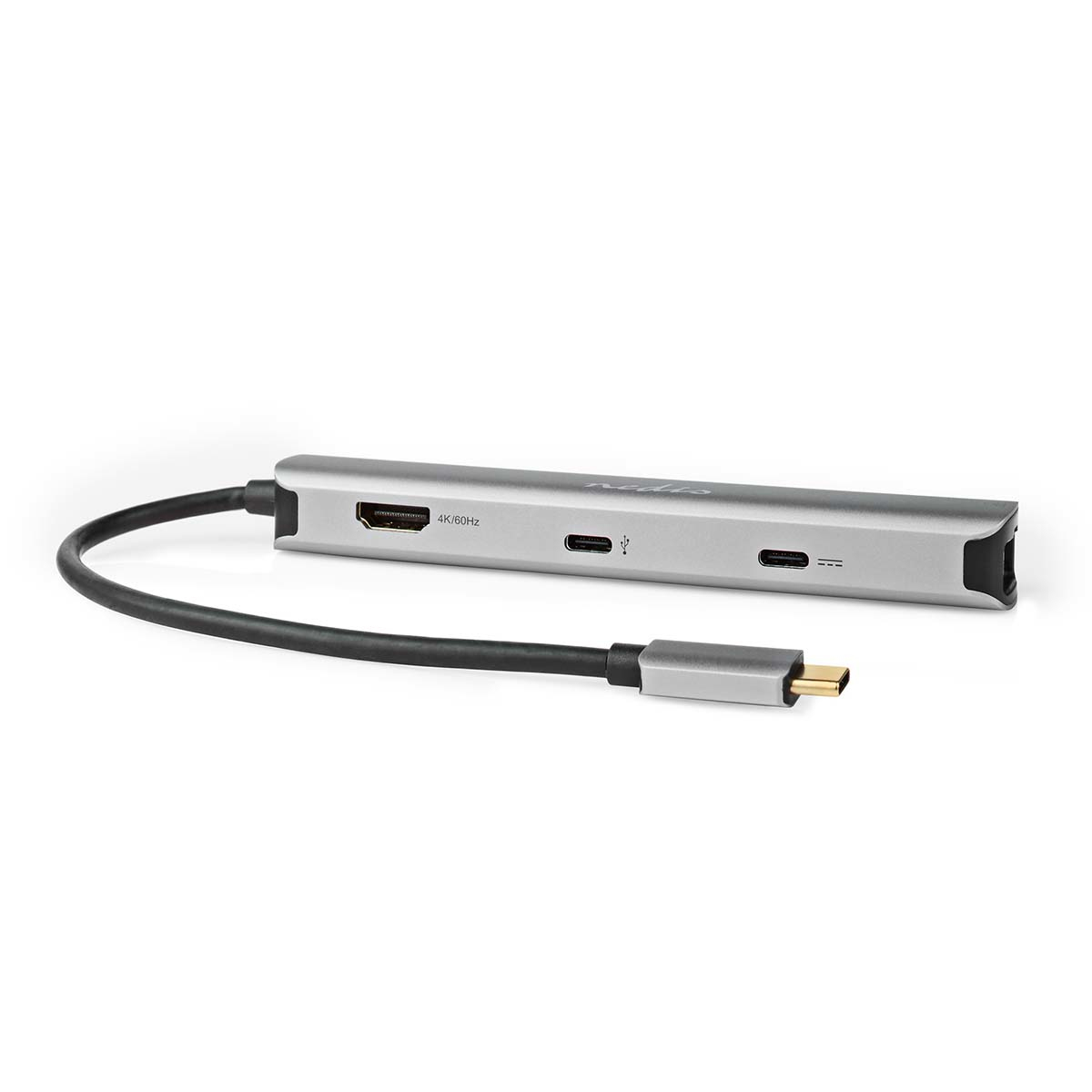 Un hub USB-C argentato con più porte e un cavo nero collegato.