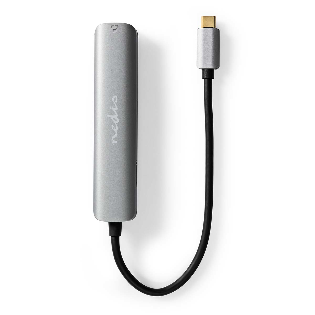 Zilveren Nedis USB-C adapter met een zwarte kabel en een USB-C connector.