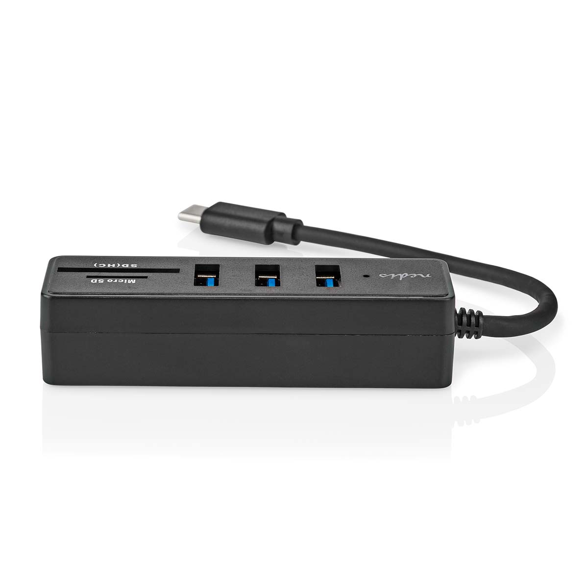 Ein schwarzer USB-Hub mit SD- und Micro-SD-Steckplätzen und drei USB-Anschlüssen.
