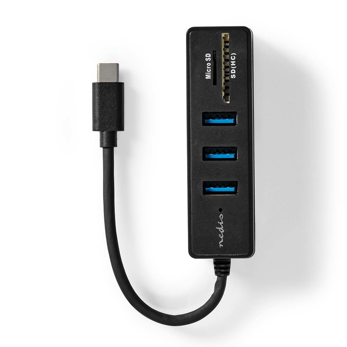 Ein schwarzer USB-Hub mit SD/Micro-SD-Steckplätzen und drei USB-Anschlüssen, mit Nedis-Branding.