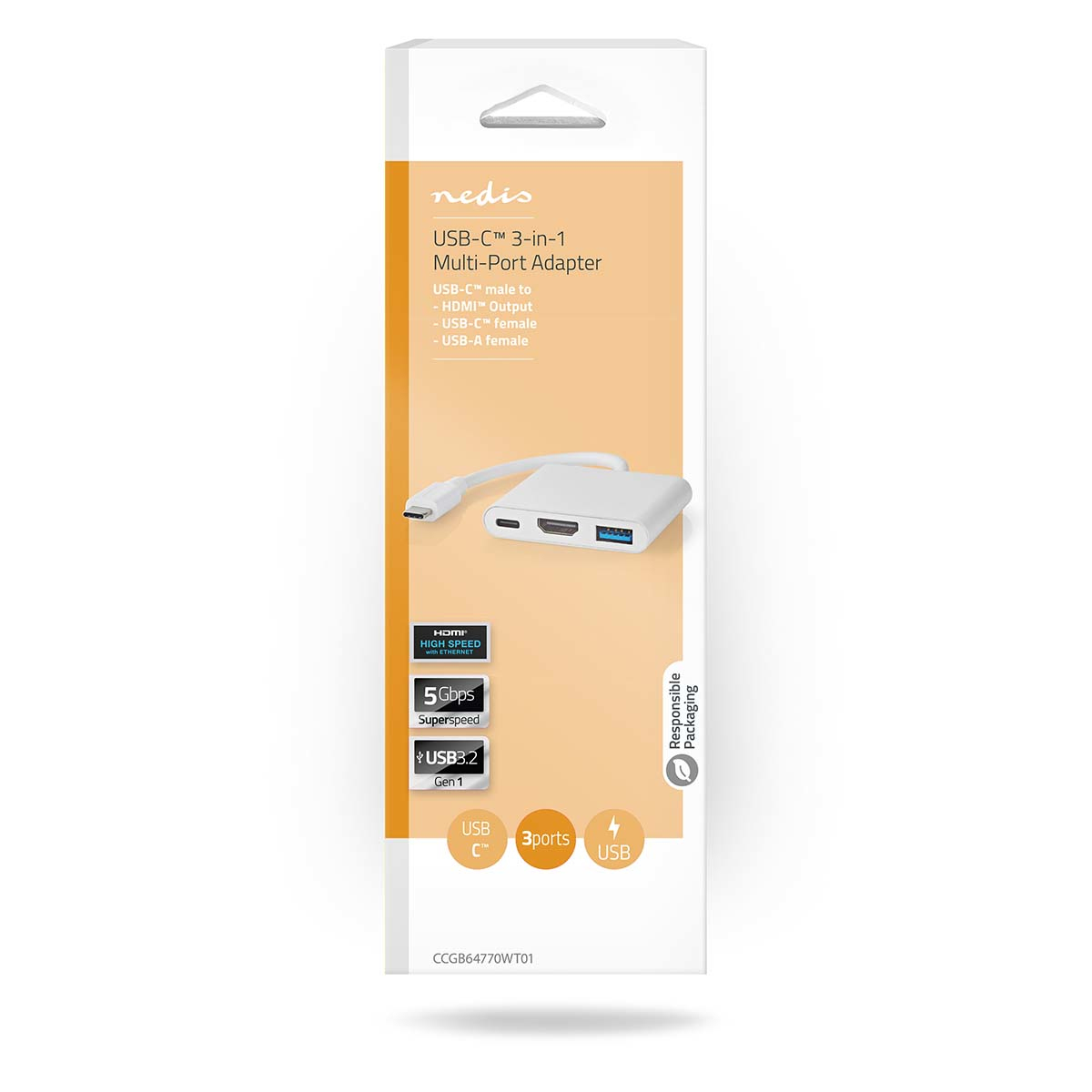 Witte verpakking met een USB-C 3-in-1-adapter en details op de voorkant, waaronder USB-C-, HDMI- en USB-poorten.