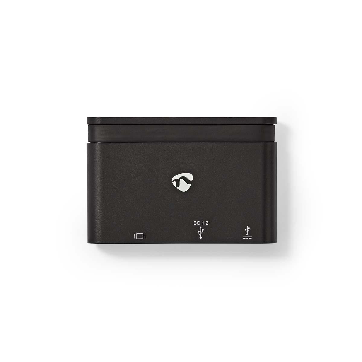 Schwarzes kleines Gerät mit Logo, USB- und Stromanschlüssen.
