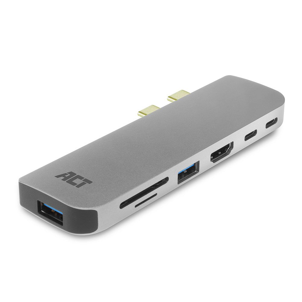 Silberner ACT USB-C Hub mit mehreren Anschlüssen. Enthält USB, HDMI und Kartenleser.