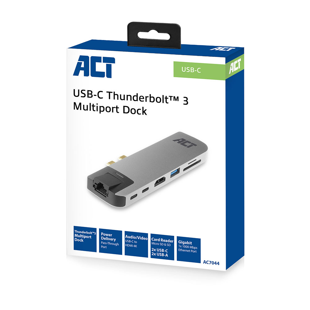 USB-C-Multiport-Dock in der Box. Funktionen: Thunderbolt 3, Stromversorgung, verschiedene Anschlüsse.