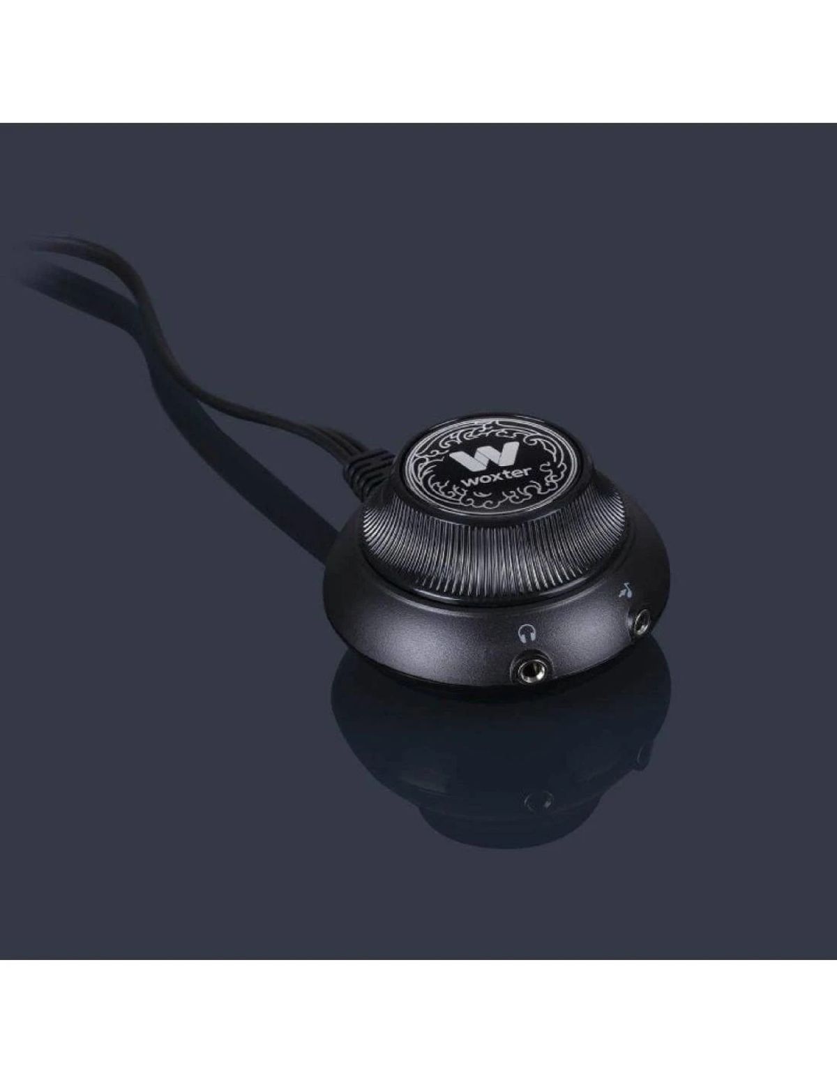 Una perilla de control de audio negra con letras blancas y dos puertos de entrada de audio, sobre superficie oscura.