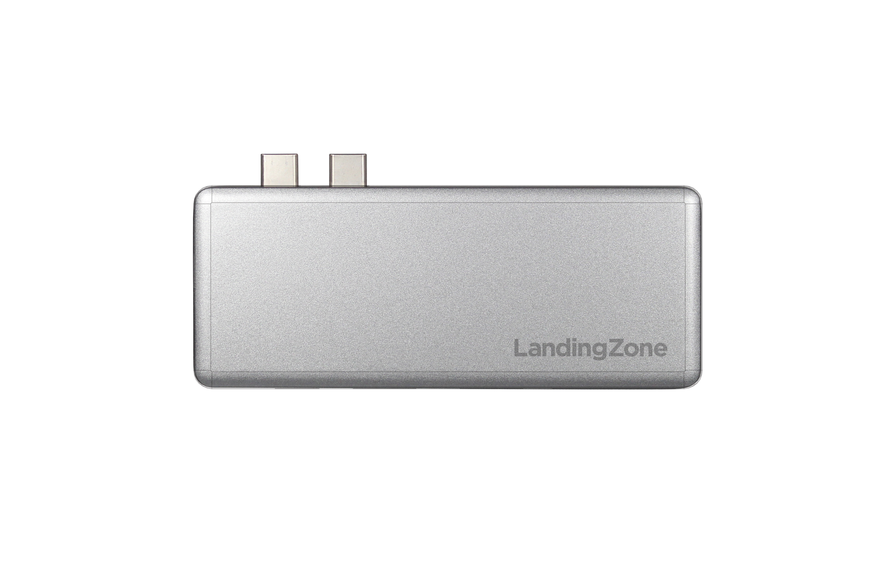 Ein silbernes rechteckiges Gerät mit zwei USB-C-Anschlüssen. Der Markenname ist „LandingZone“.