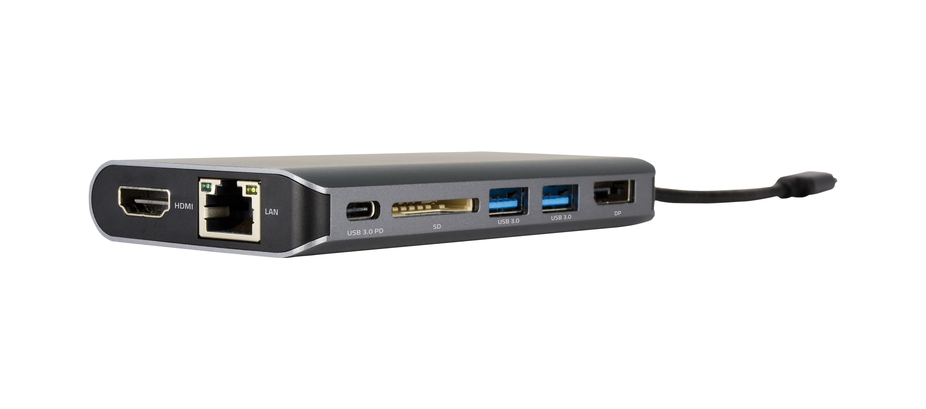 Un adattatore grigio con una porta HDMI, una porta Ethernet e più porte USB.