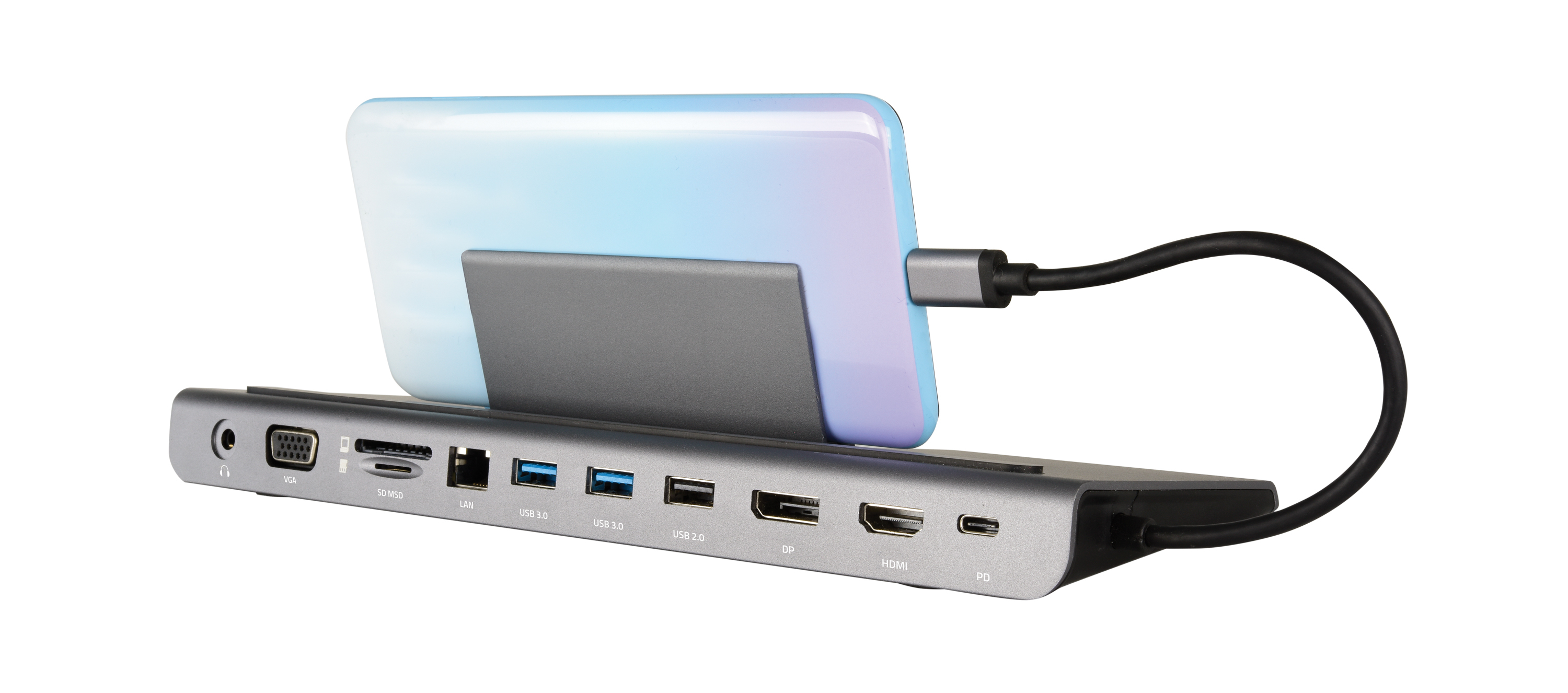 Hub argento con telefono collegato. Porte SD, HDMI e USB visibili.