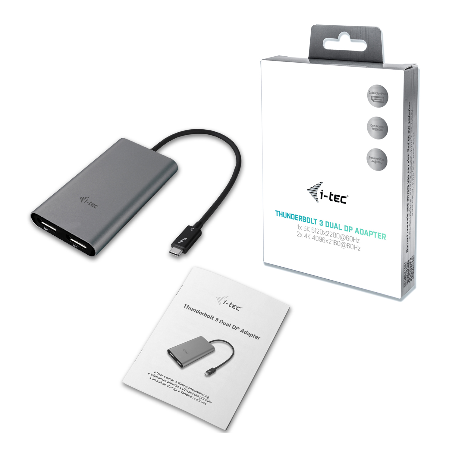 Grauer i-tec-Adapter mit schwarzem Kabel, weißer Karton und Handbuch. Die Box hat Diagramme. Der Adapter hat zwei Anschlüsse.