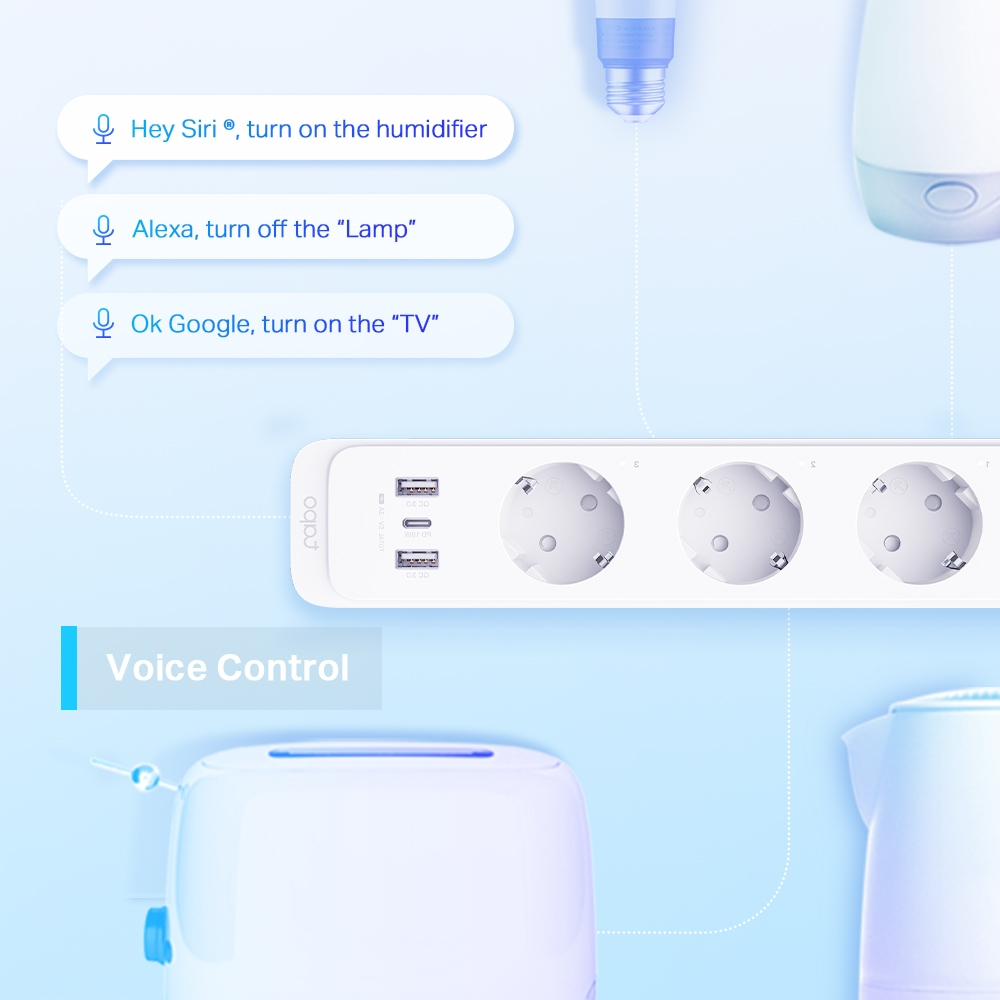 Steckdosenleiste mit Sprachsteuerung, und Smart-Home-Geräten. Weiß mit Anschlüssen und Tasten.