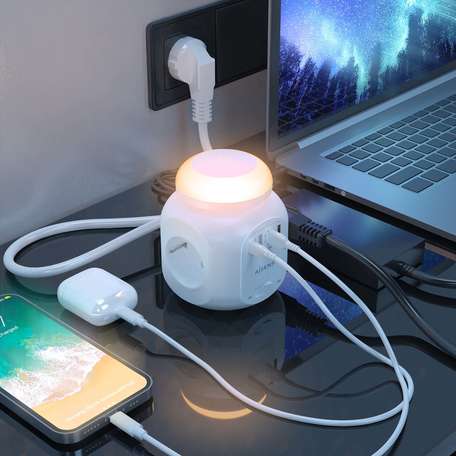 Biała listwa zasilająca ze światłem i telefonem z ładowarką. Czarna powierzchnia.