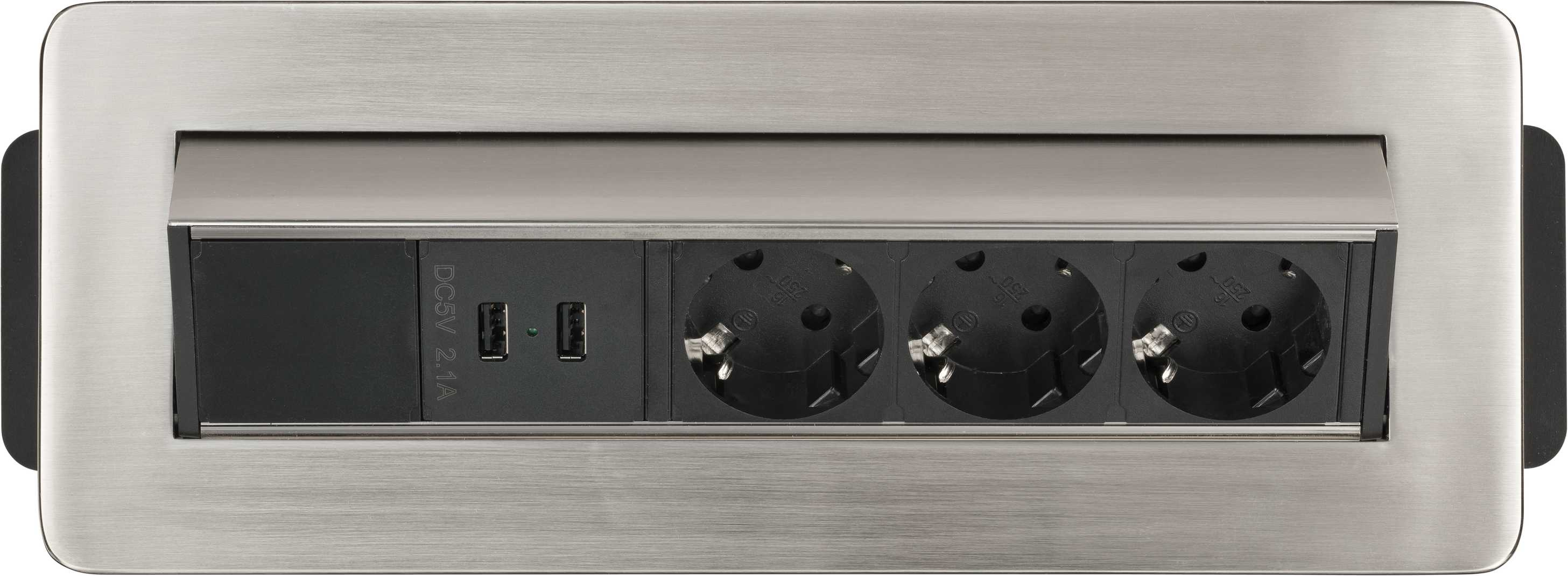 Una presa di corrente in acciaio inossidabile con tre prese e due porte USB. Design elegante e moderno.