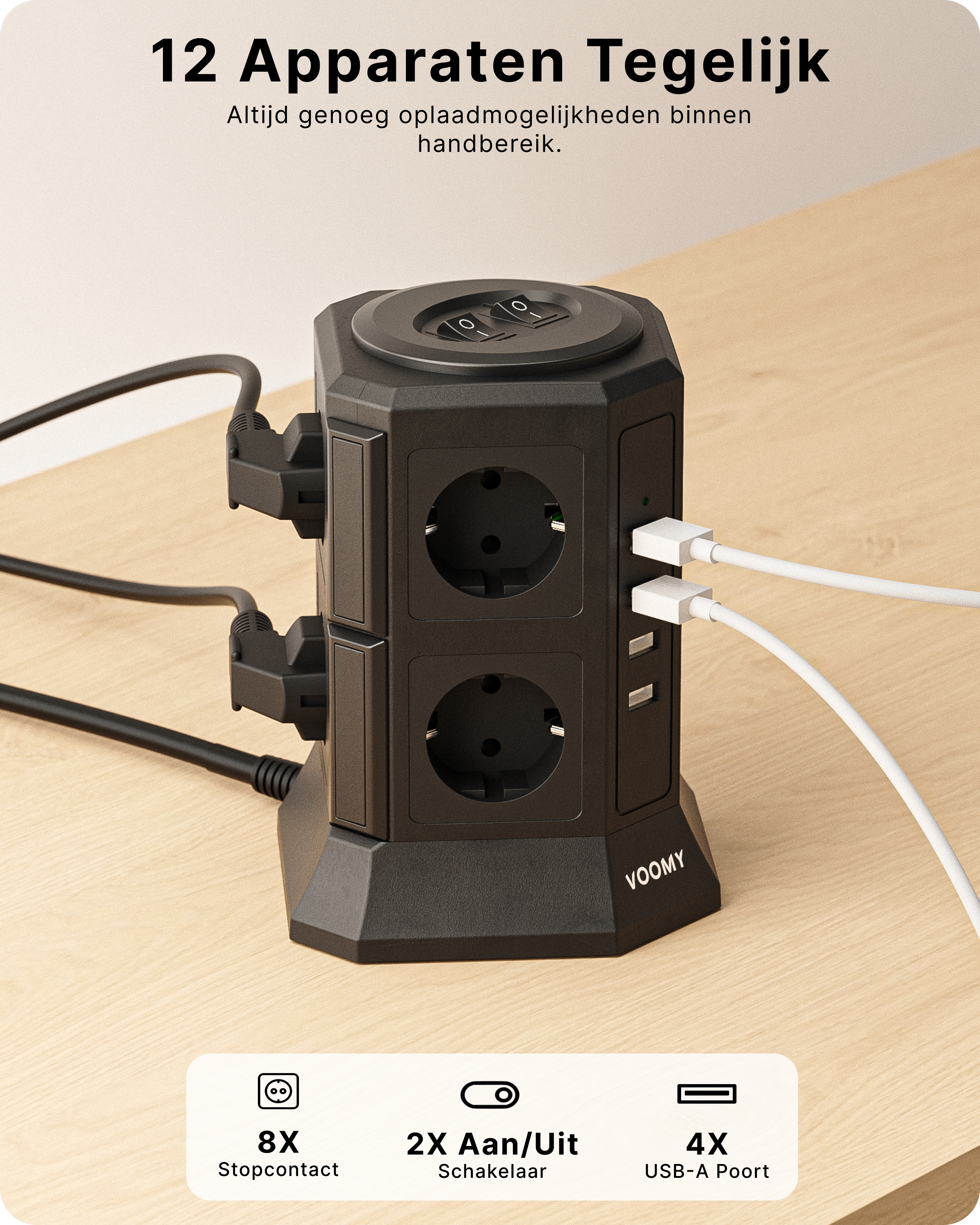 Schwarze Steckdosenleiste mit mehreren Steckdosen, USB-Anschlüssen und zwei Schaltern.