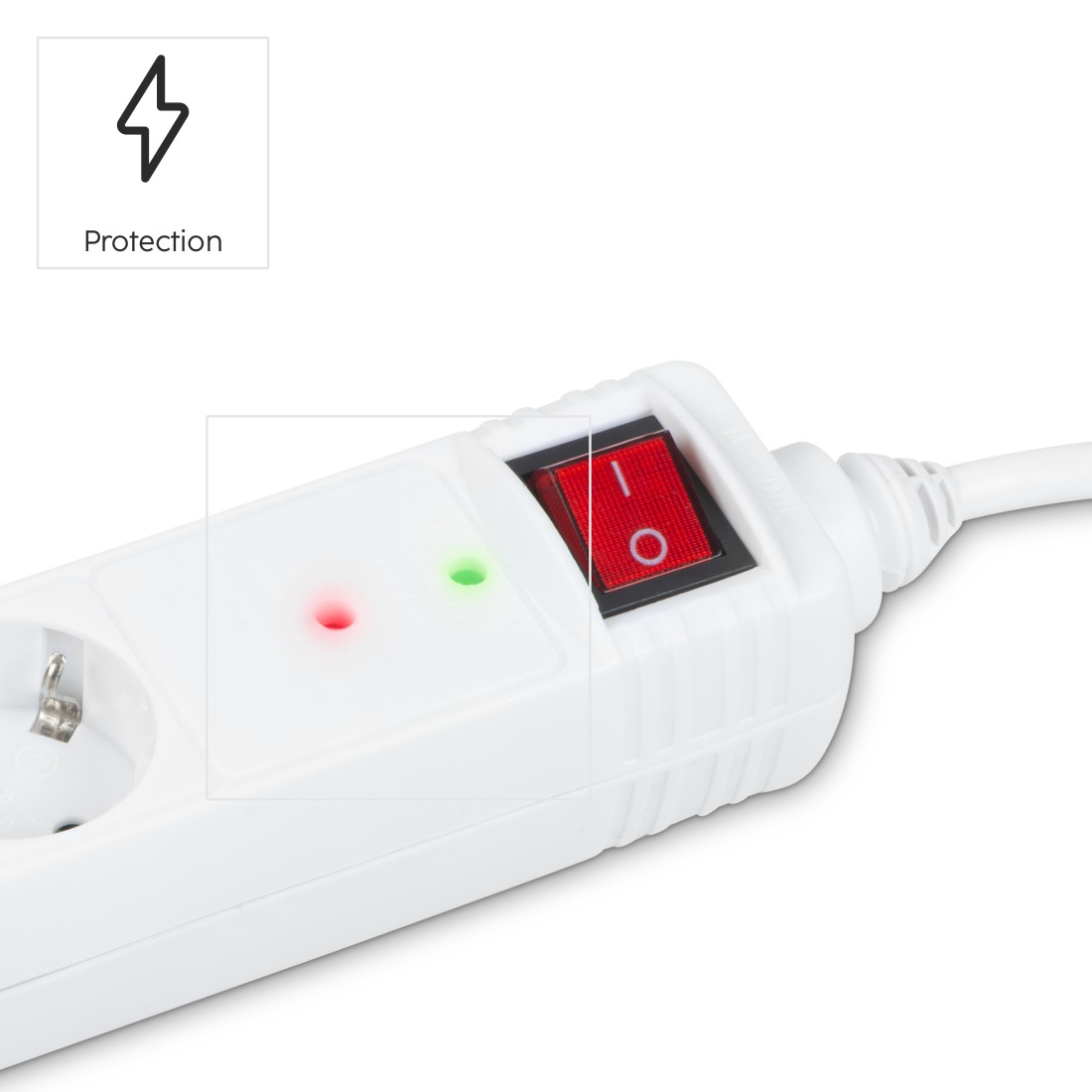 Biała listwa zasilająca z czerwonym przełącznikiem i kontrolkami, z ikoną ochrony powyżej.