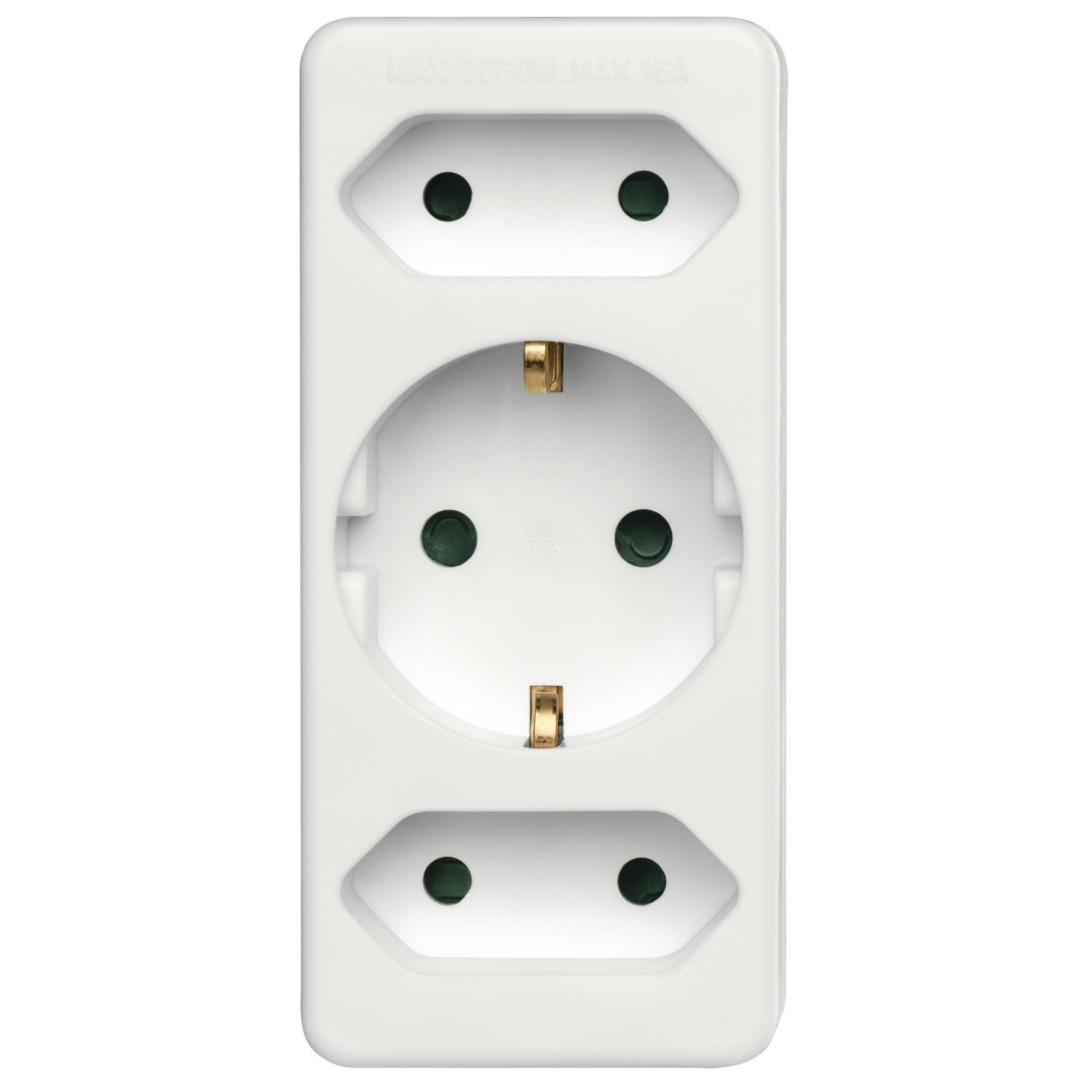 Ein weißer Stecker mit drei Steckdosen, schlichtes und sauberes Design.