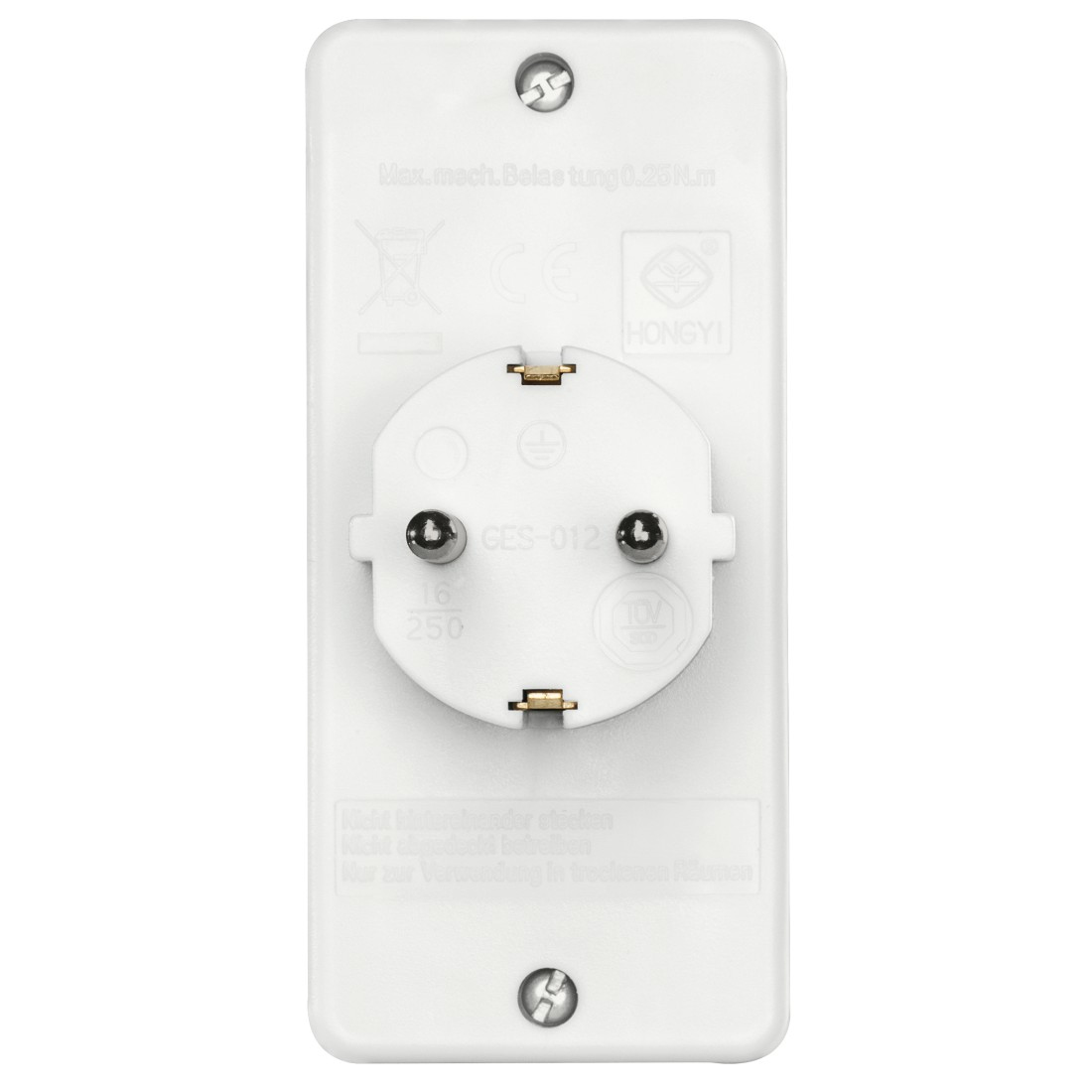 Weißer Netzadapter mit europäischem Stecker und zwei Schraublöchern.