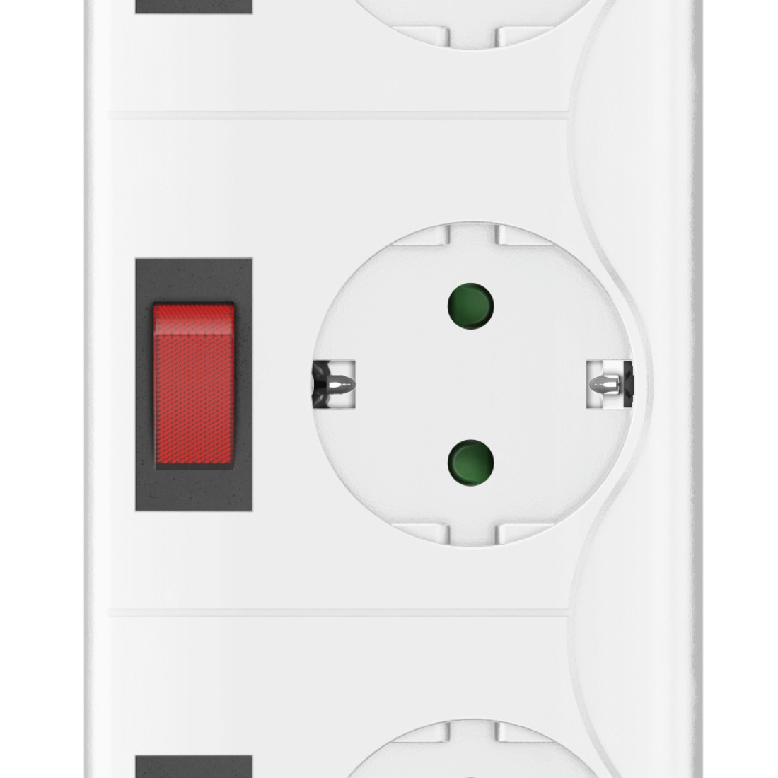 Białe gniazdo elektryczne z czerwonym przełącznikiem. Widok z bliska. Tło jest białe.