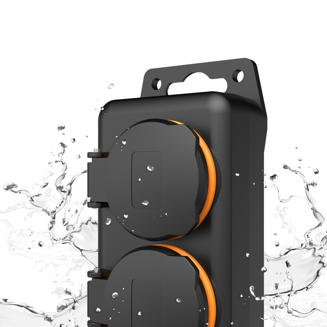 Czarna wodoodporna skrzynka z dwoma gniazdami. Pomarańczowe pierścienie wokół gniazd. Krople wody.