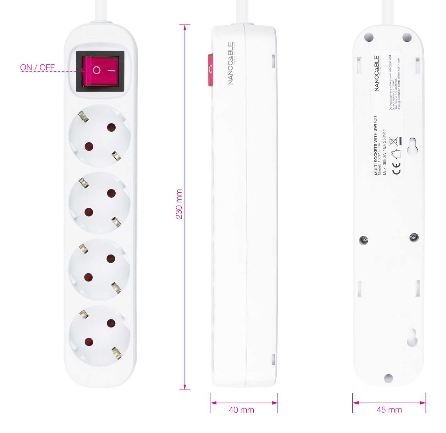 Biała listwa zasilająca z 4 gniazdami, włącznikiem/wyłącznikiem i wymiarami w milimetrach.