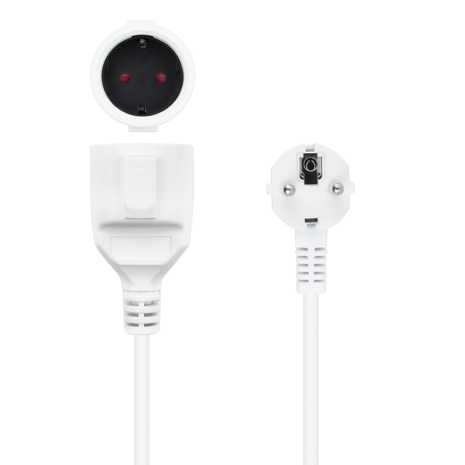 Cable de extensión eléctrica blanco. Enchufe y toma separados, conectados por un cable.
