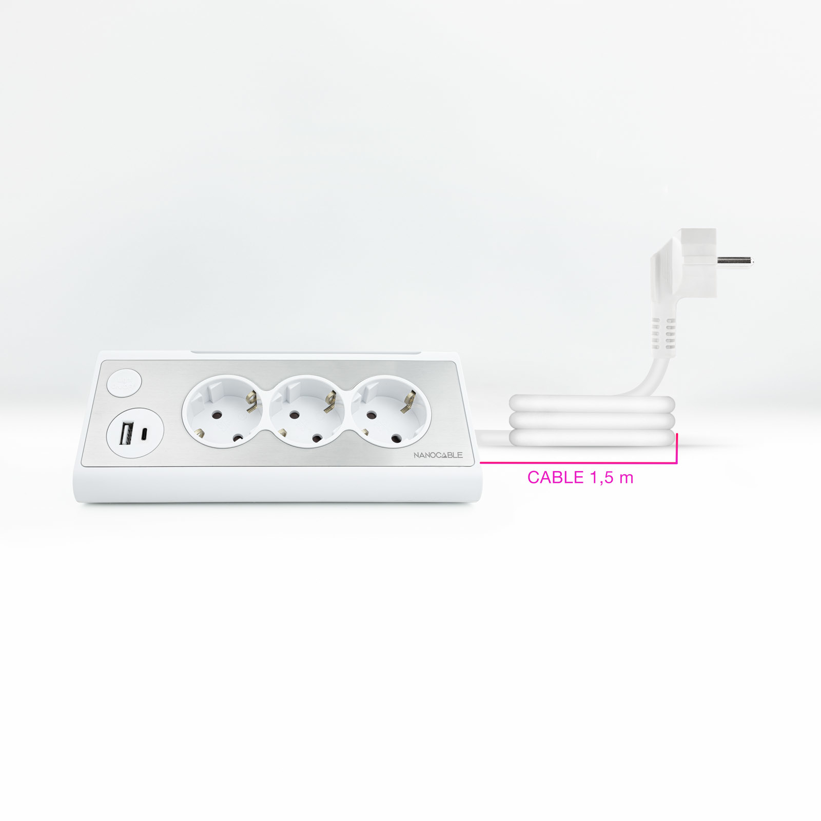 Biały przedłużacz z trzema gniazdami i portem USB, z kablem 1,5 m.