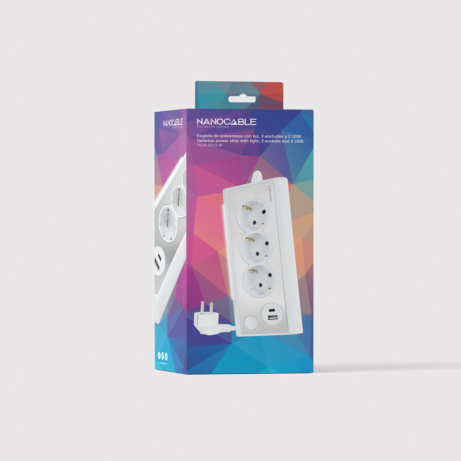 Listwa zasilająca w kolorowym pudełku. Listwa ma trzy gniazda i dwa porty USB. Tekst opisuje funkcje.