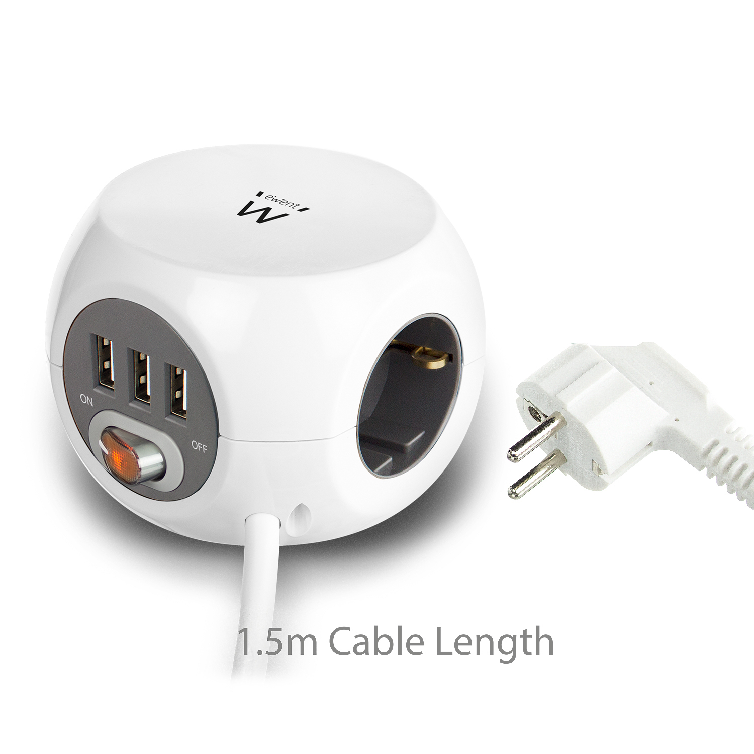 Biała listwa zasilająca z portami USB, gniazdami i wtyczką, na białym tle.