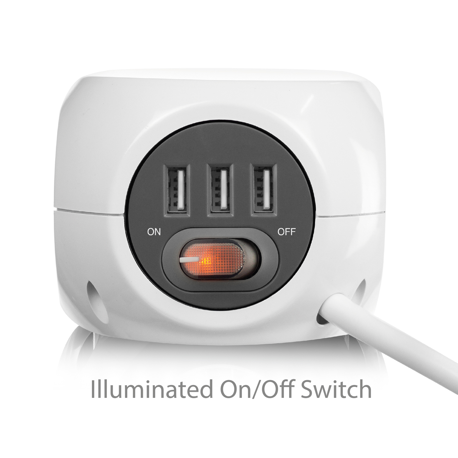 Biała listwa zasilająca z trzema portami USB i podświetlanym włącznikiem/wyłącznikiem.