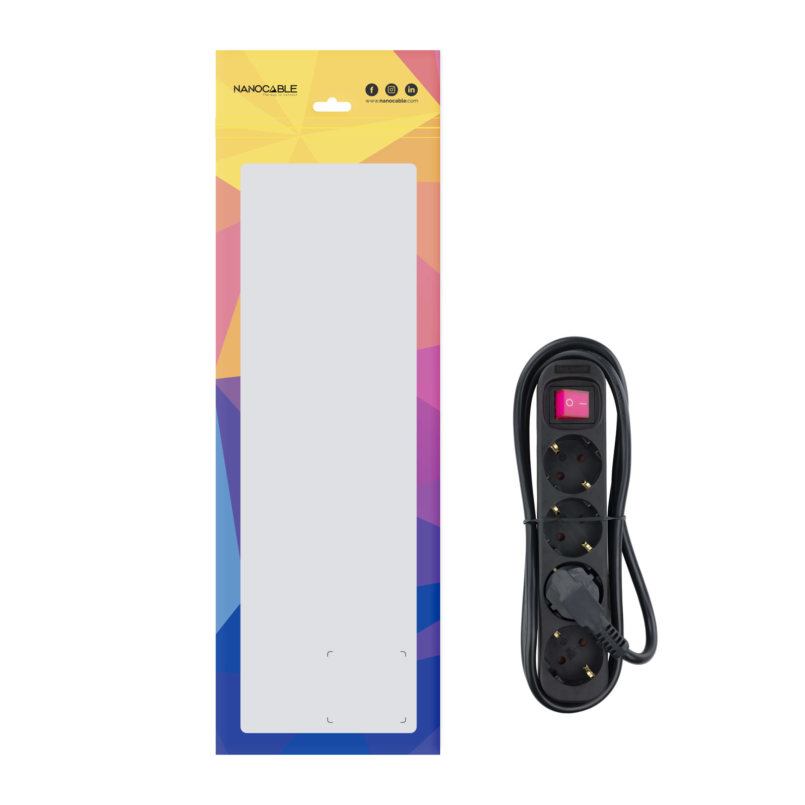 Czarna listwa zasilająca z czerwonym przełącznikiem i białym, kolorowym opakowaniem.
