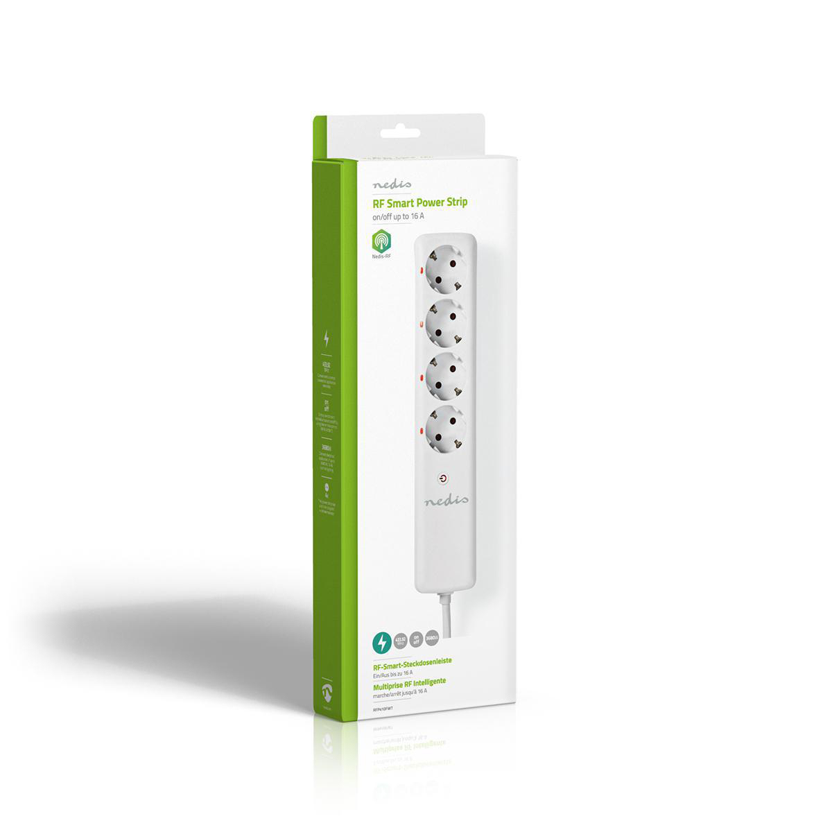 Biały przedłużacz z czterema gniazdami w pudełku z zielonymi akcentami.