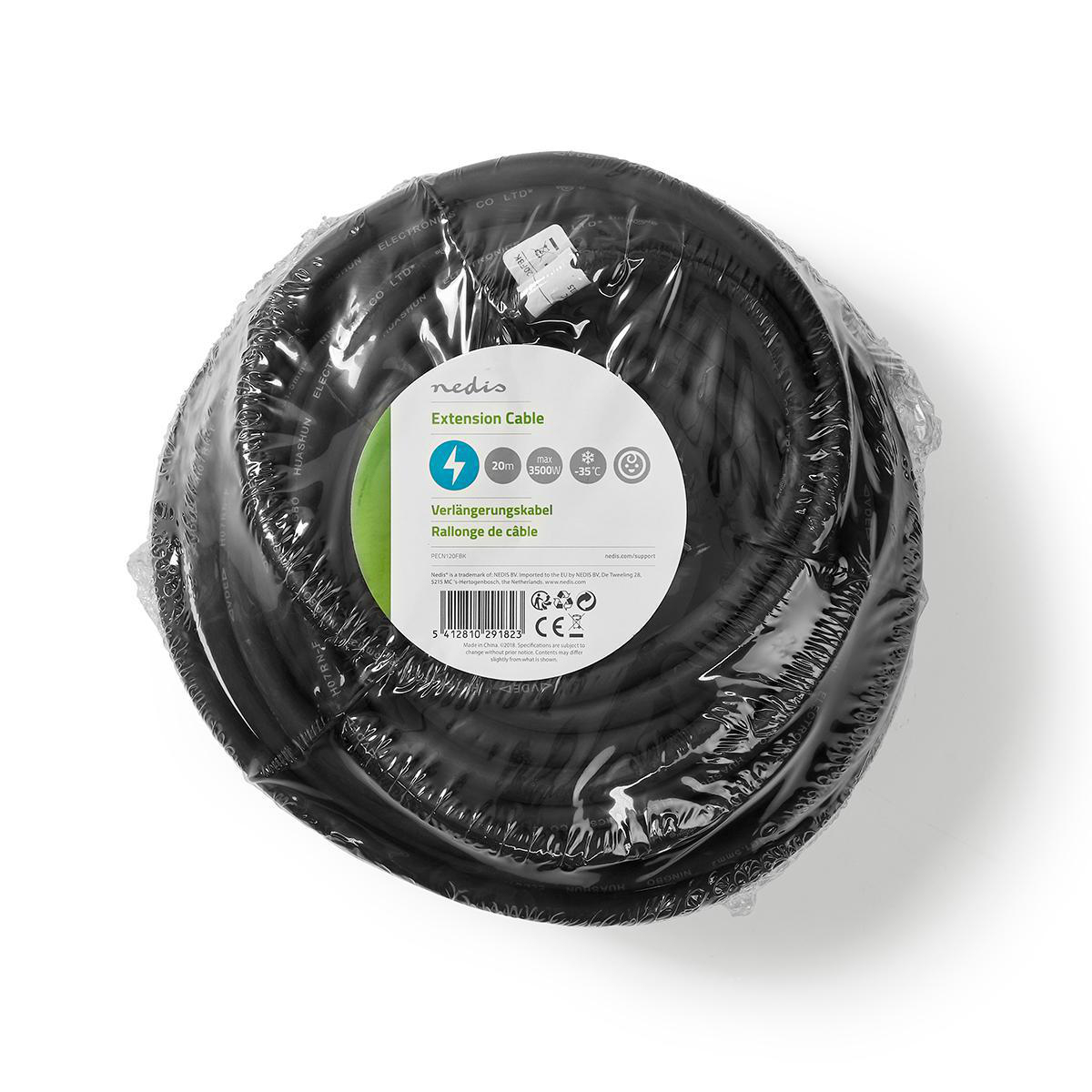 Black extension cable rolled up in plastic wrap.