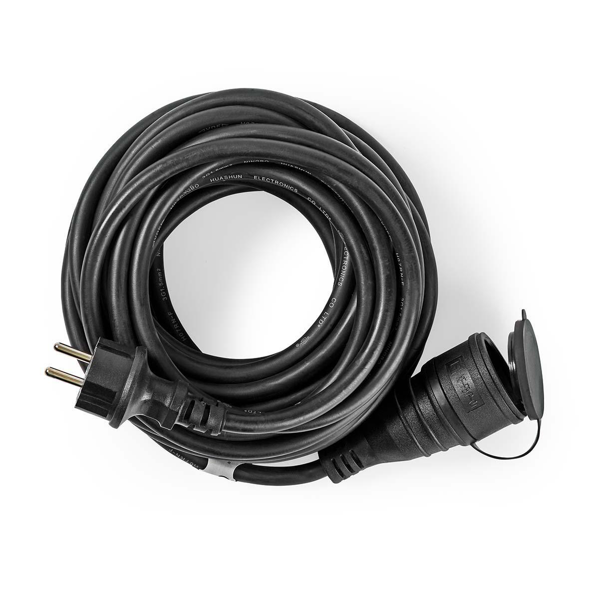 Black coiled power cord with a plug and a socket with a cover.
