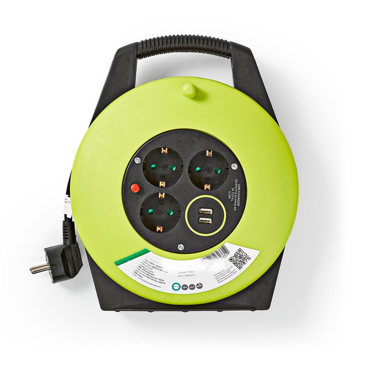Un avvolgicavo verde e nero con quattro prese, due porte USB e una spina.