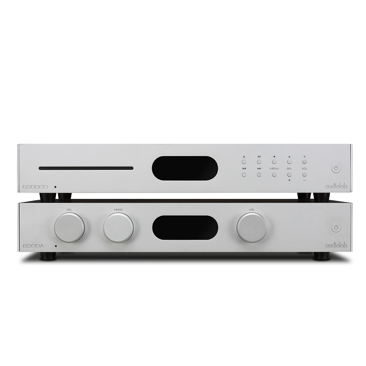 Two silver audio devices, one CD player and one amplifier.