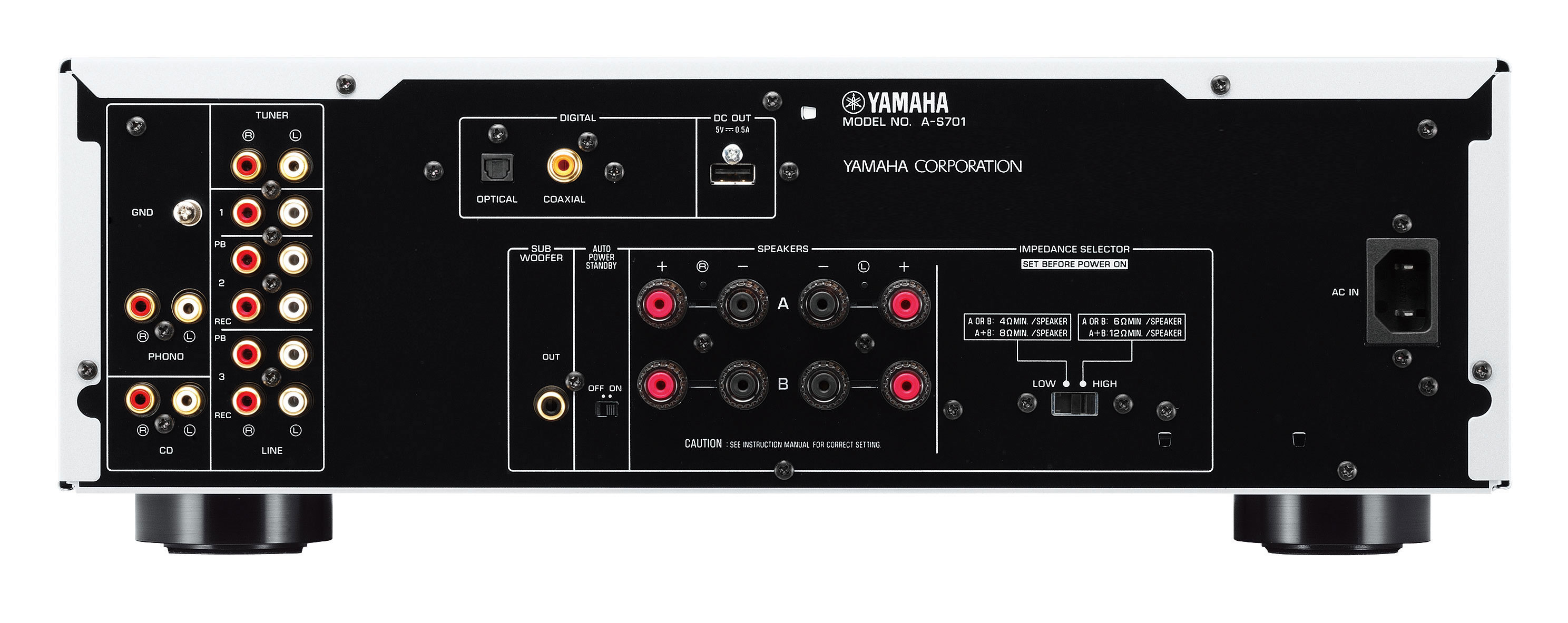 Rückseite eines Yamaha-Audio-Receivers mit verschiedenen Eingangs-/Ausgangsanschlüssen und Beschriftungen. Weiß.