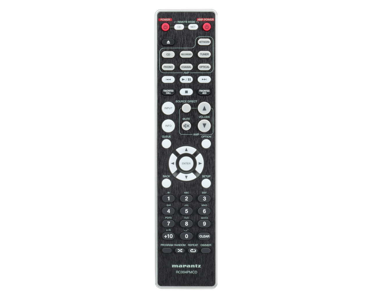 Eine schwarze Fernbedienung mit vielen Tasten. Text: Marantz RC004PMCD. Weißer Hintergrund.
