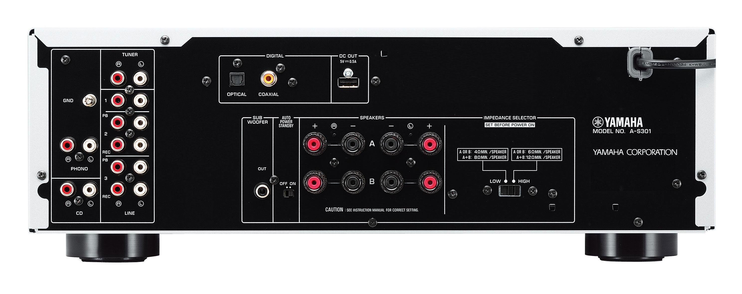 Çeşitli bağlantı noktaları ve etiketli bağlantılara sahip bir Yamaha A-S301 amplifikatörünün arkası.
